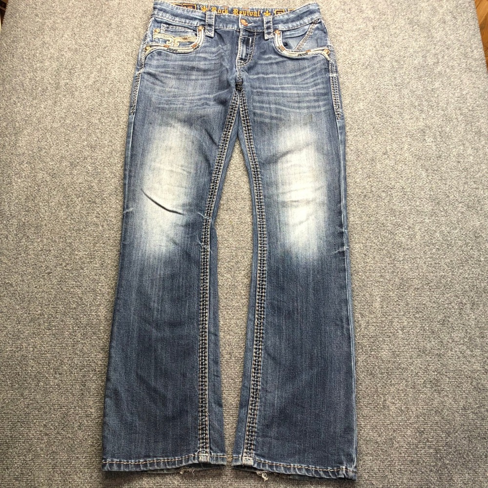 Rock Revival Baram Bootcut Jeans Mens 32 Medium Wash Distressed Thick Stitch